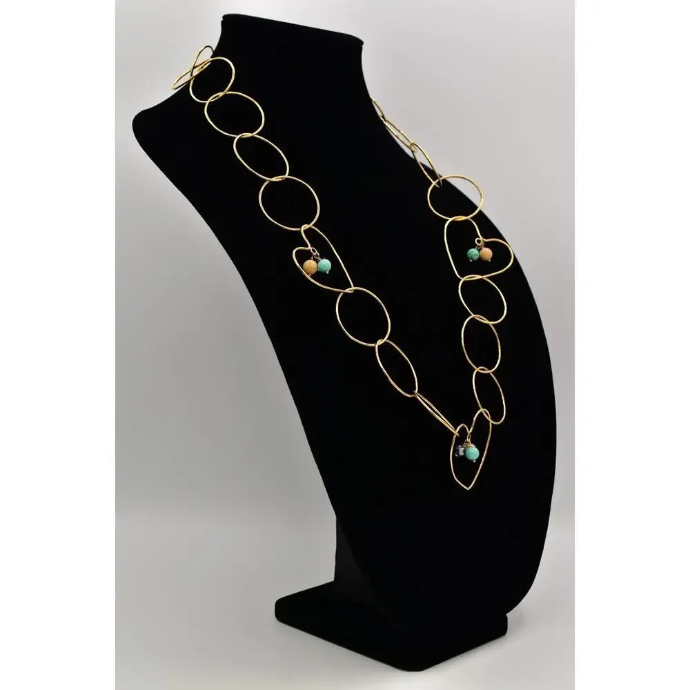 Vintage Heart Dangle Beaded Necklace Linked Gold Tone Chain Chunky 1980s BinBL
